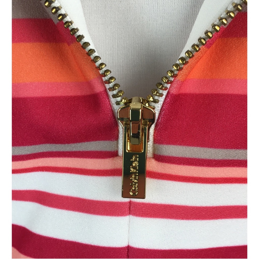 Calvin Klein HIBISCUS Pink Orange Striped Cold Shoulder A-Line Midi Dress size 6 - Picture 14 of 16